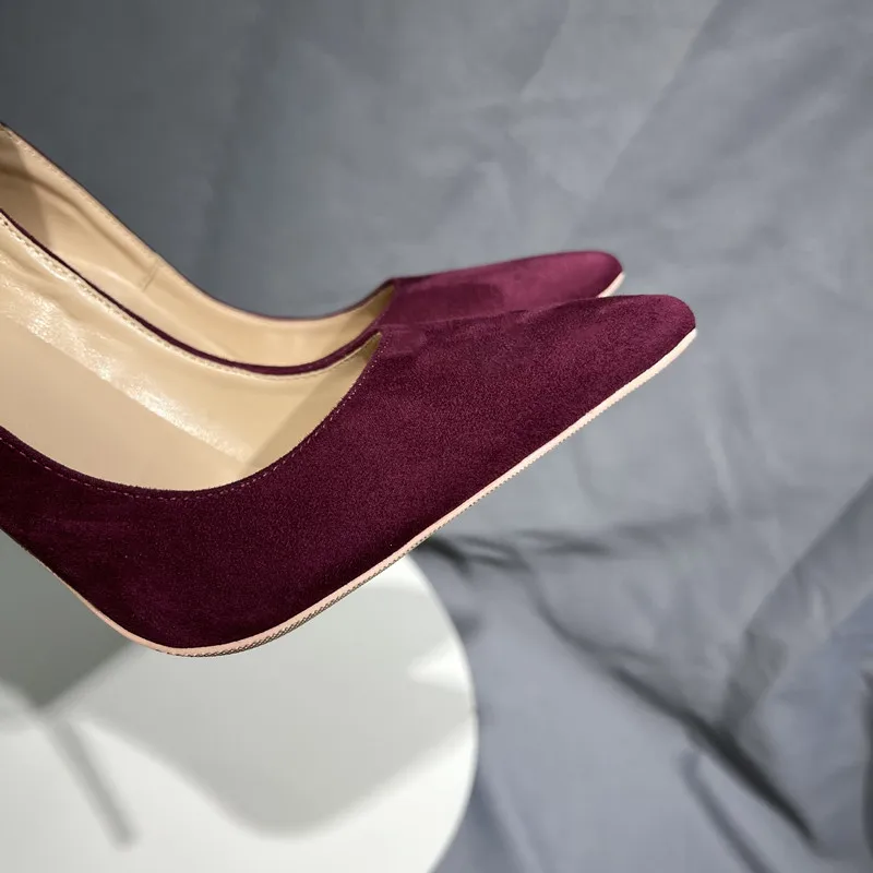 Tikicup Burgundy Flock Women Faux Suede Pointy Toe High Heel Shoes Classic Elegant Ladies Slip On Stiletto Pumps Customizable