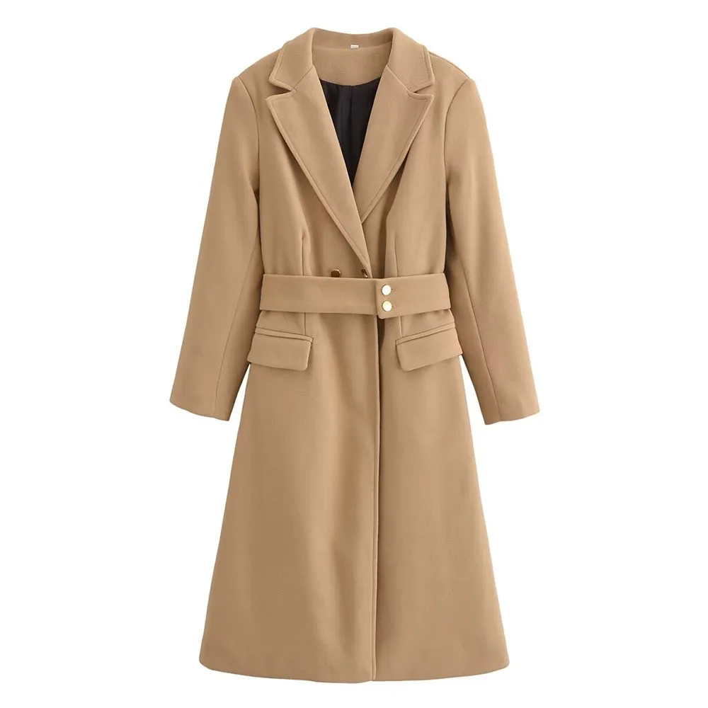 

Autumn 2024 new women's fashion and leisure slim Joker commuter loose long suit collar belt camel woolen coat.