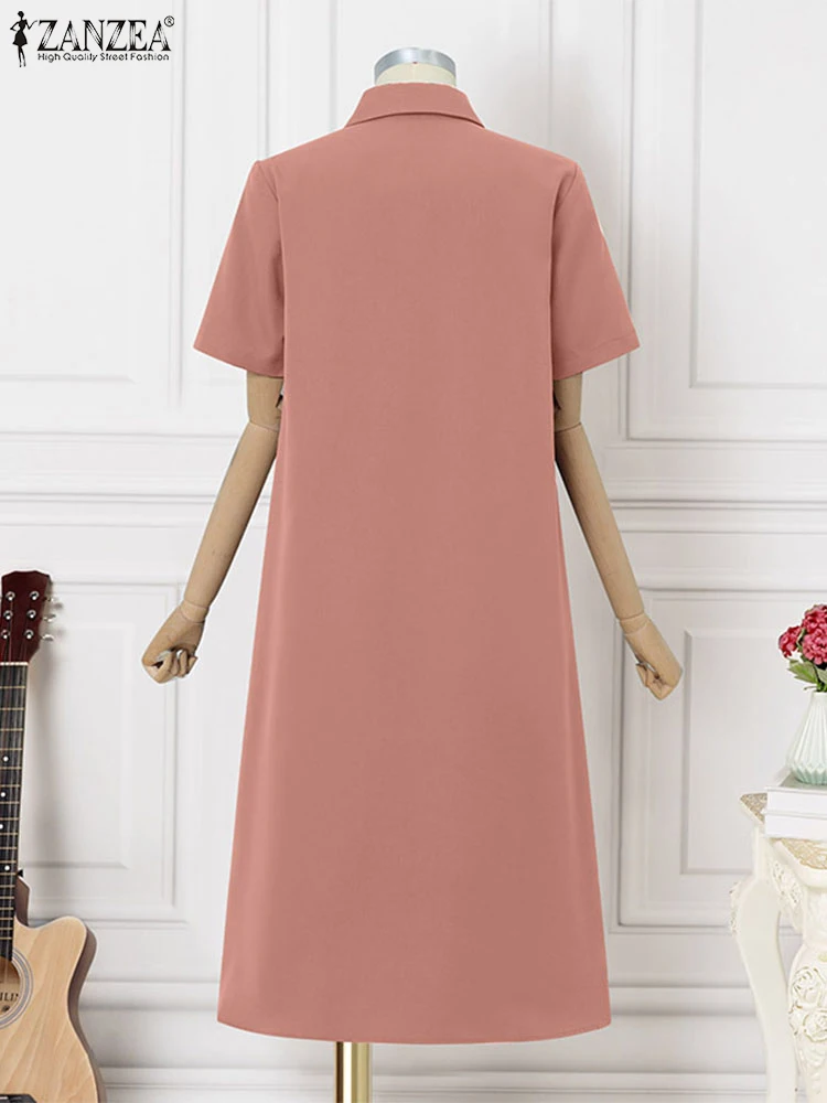 ZANZEA-vestido veraniego para mujer, camisas Vintage, vestido holgado de manga corta de Color sólido, Vestidos con bolsillos y cuello de solapa para verano 2025