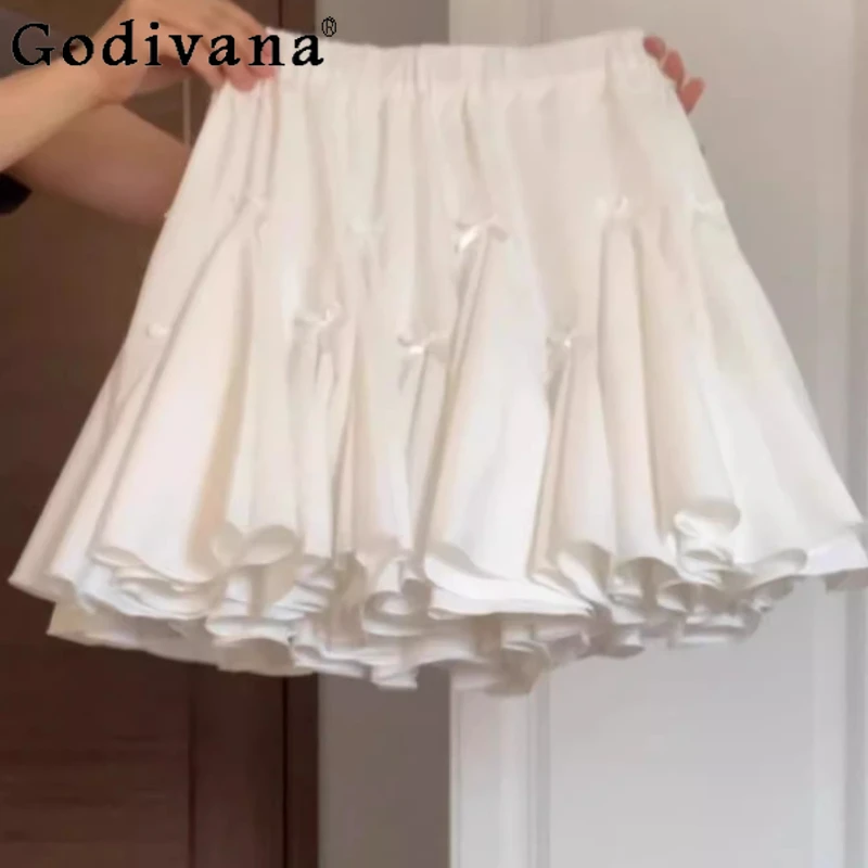 

Elegant Sweet Bow Spring Summer New White A-line Cake Skirt Girl Elastic High Waist Solid Color Age Reduction Versatile Skirts