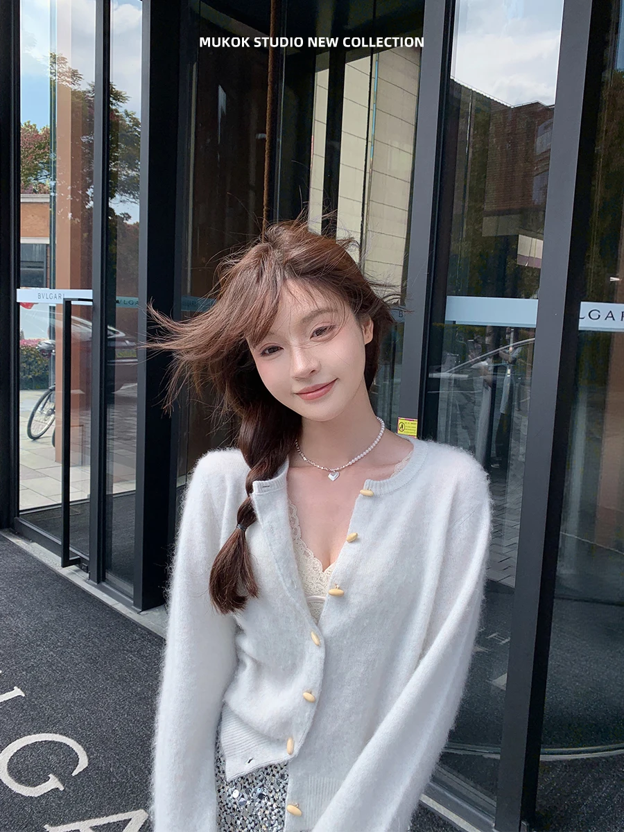 

MUKOK Роскошный женский вязаный кардиган из 100% шерсти с одной пуговицей, свободный крой, на деревянных пуговицах, с длинными рукавами и круглым вырезом