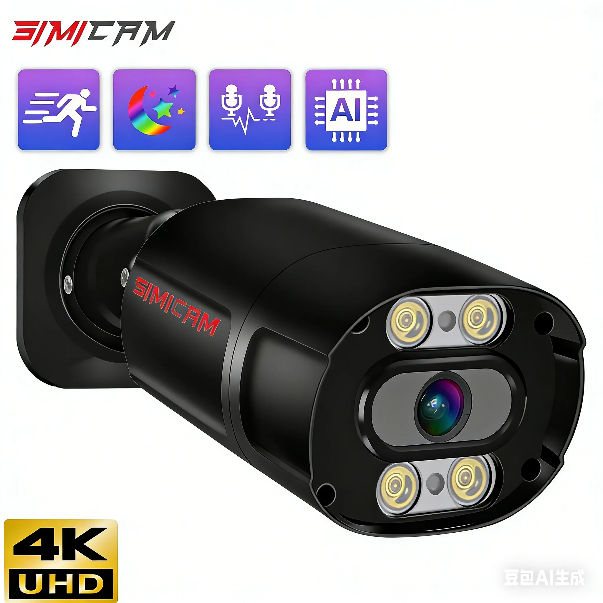 UltraHD 4K 8MP Turret PoE Camera Onvif Outdoor Security IP 3840x2160 100ft Double Light Human Detection Color Full Night Vision
