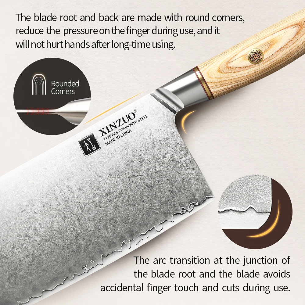 XINZUO 7.5'' Cleaver Chef Knife 3-layer Composite Steel Razor Sharp Kitchen Knives Stainless Steel Slicing Meat Vegetables Tools