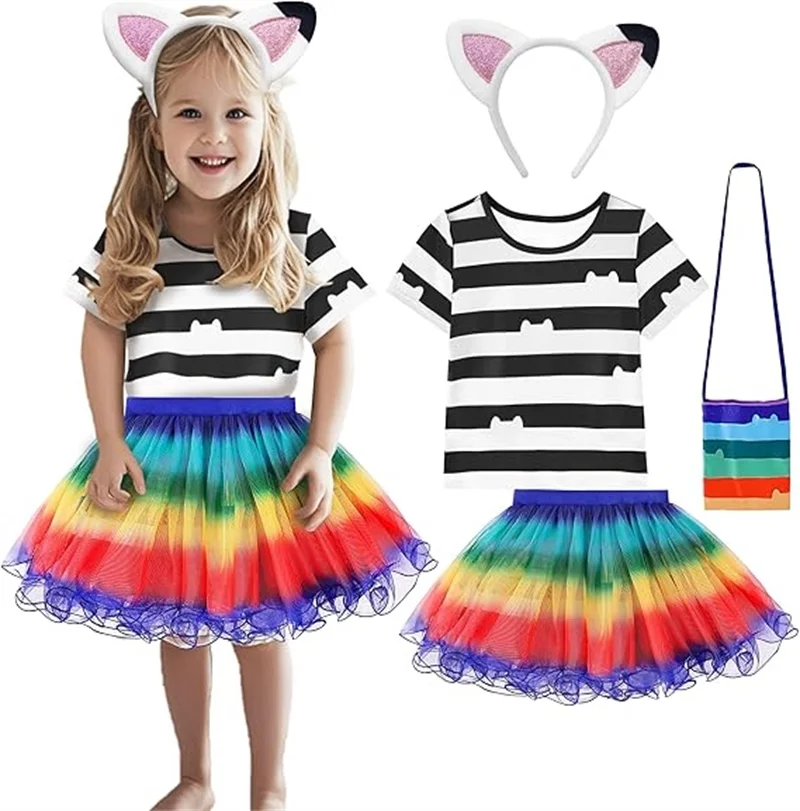 Summer Cartoon Cat Costume For Girls Striped T-Shirt+Rainbow Tutu Skirts For Children Halloween Dress Up Birthday Party Outfits