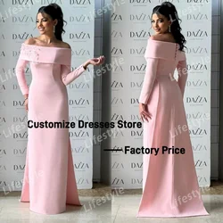 Customized Off Shoulder Beads Floral Appliques Long Sleeves Prom Dress Pink Elegant Evening Dresses For Wedding Party Gown