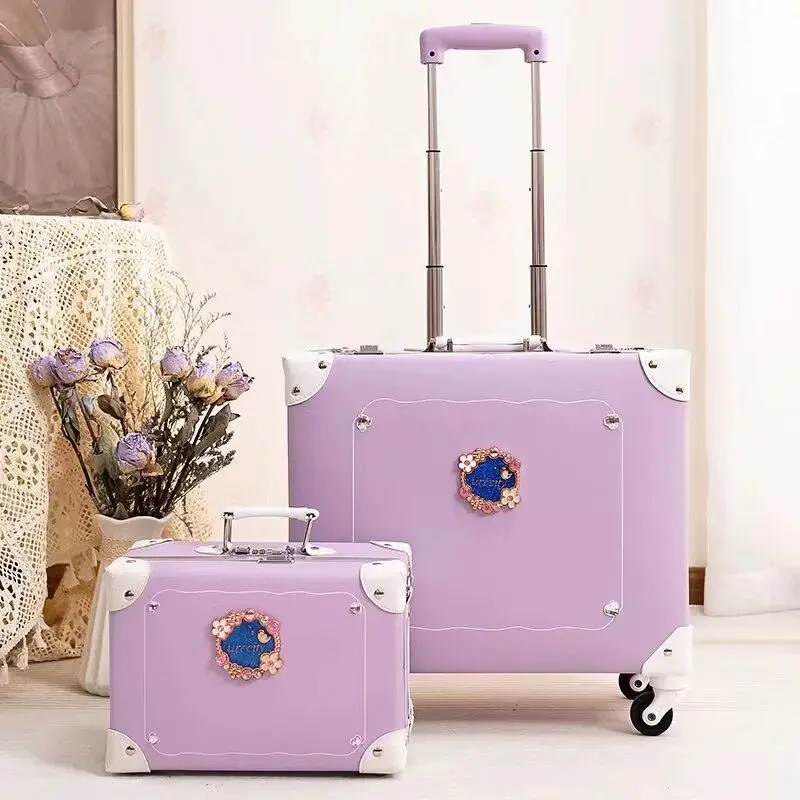 Valise à roulettes en cuir PU rétro pour femmes, sac de voyage mignon, boîte d'embarquement pour filles, ensembles de bagages à roulettes, haute qualité, chaud, nouveau, 16/18 pouces