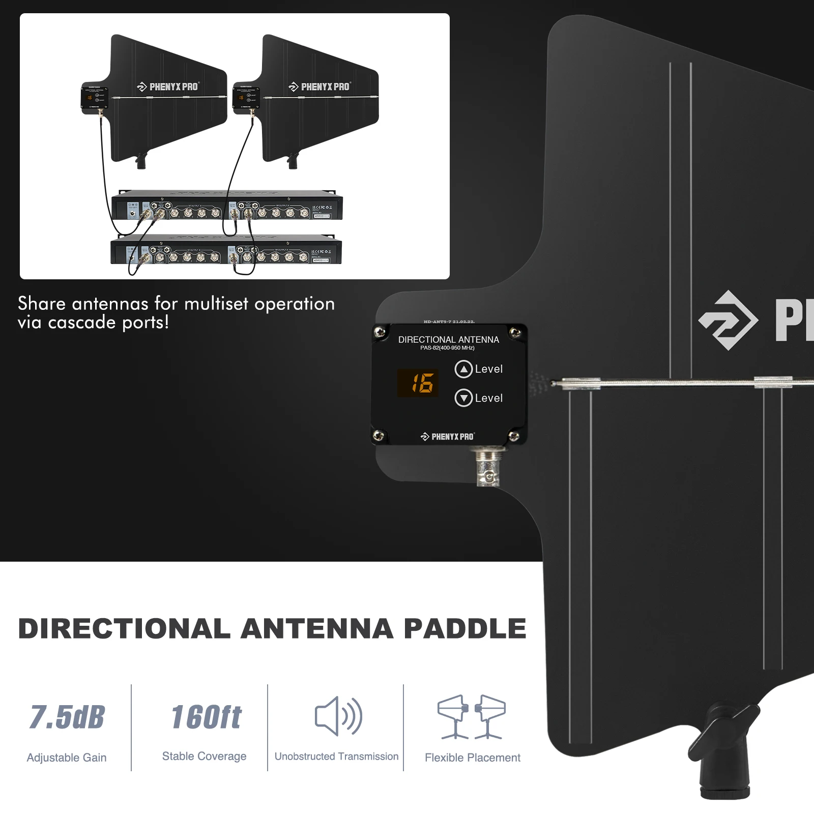 Phenyx Pro UHF Wireless Antenna Distribution System Bundle, Active Directional Antennas, 8 Outputs + 2 Cascade Ports PAS-225X