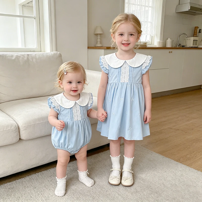 2026 Neuer Sommer Baby-Strampler Ärmellos Baumwolle Baby Mädchen Blau 0-24M Bodysuit 2-6 Jahre Kinder Prinzessinnen-Druckkleid Schwesterkleid