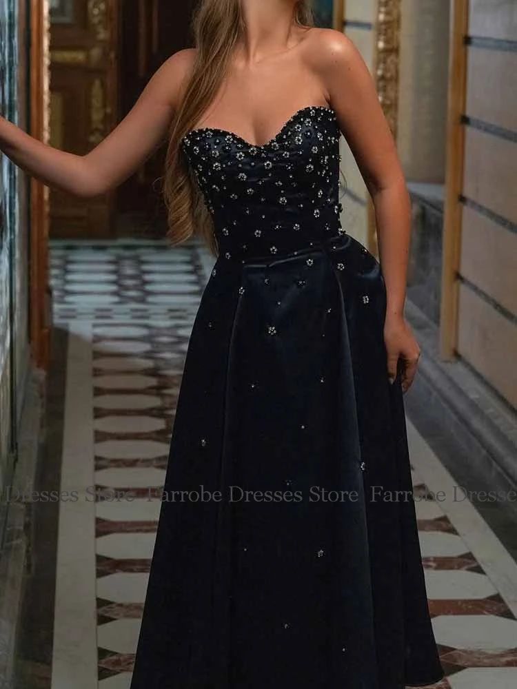 Luxury Women's Cocktail Dresses 2025 Satin A-line Prom Dresses Navy Blue Sweetheart Pearls Beads Ruched Birthday Party Dresses