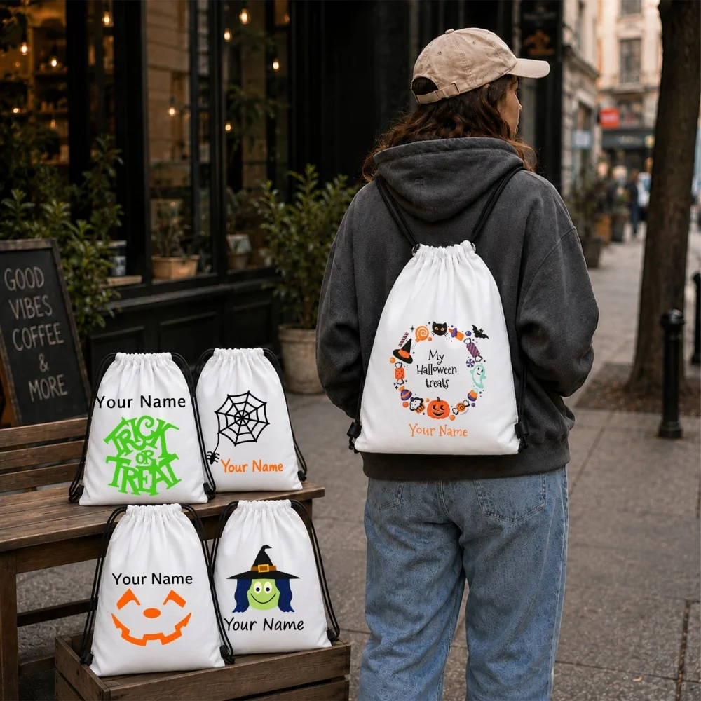 5Pcs Custom Name Mixed Halloween Drawstring Bags Personalized Kids Trick or Treat Candy Backpack Set
