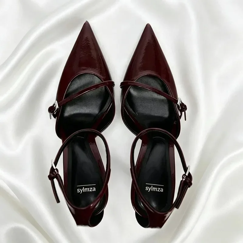 Patent Leather Sexy Thin High Heels Women Ankle Strap Pointed Pumps Dress Shoes Belt Buckle Elegant Brand Office Sandals Women