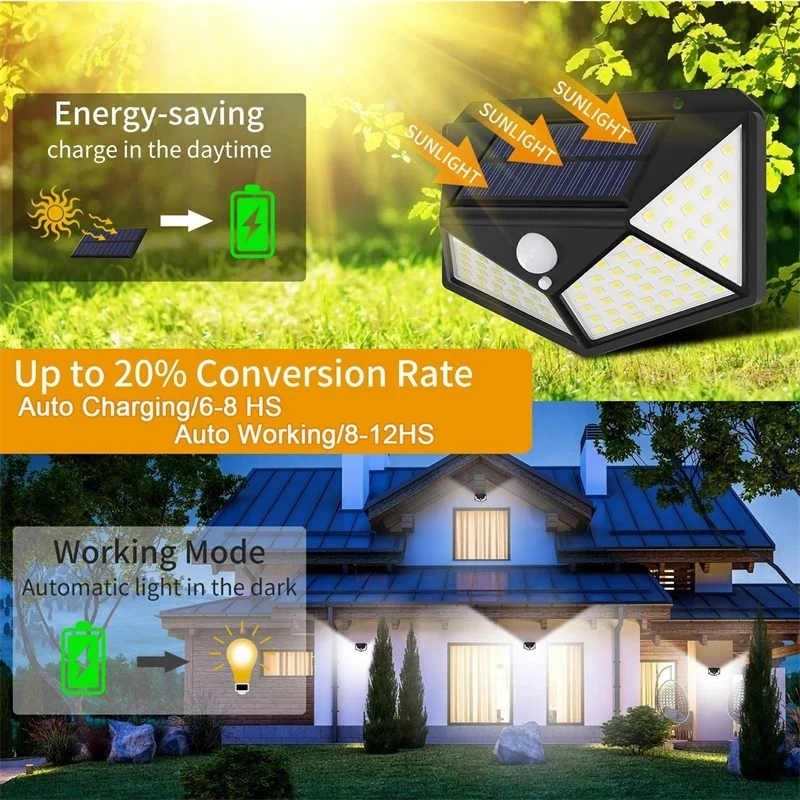 Luces solares Led para exteriores, lámpara Solar de emergencia para jardín, con Sensor de movimiento, con batería integrada, luz de pared para exteriores, 100