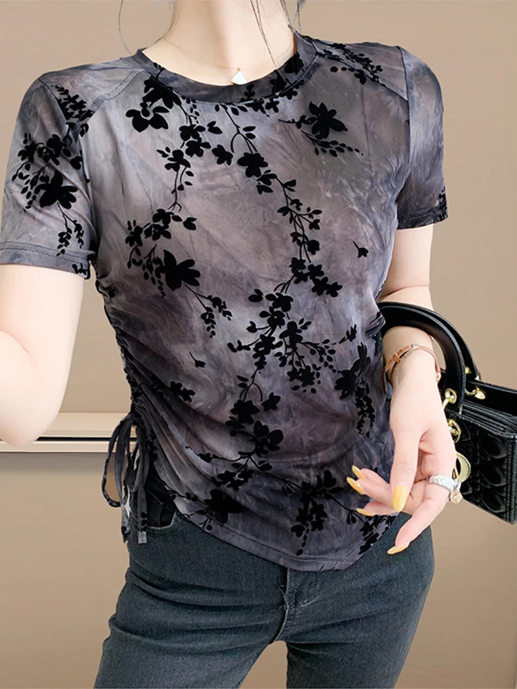 Faionable européen Sle femmes T-shirt été ort Sve velours fleur imprimé ourlet asymétrique Dstring Me haut