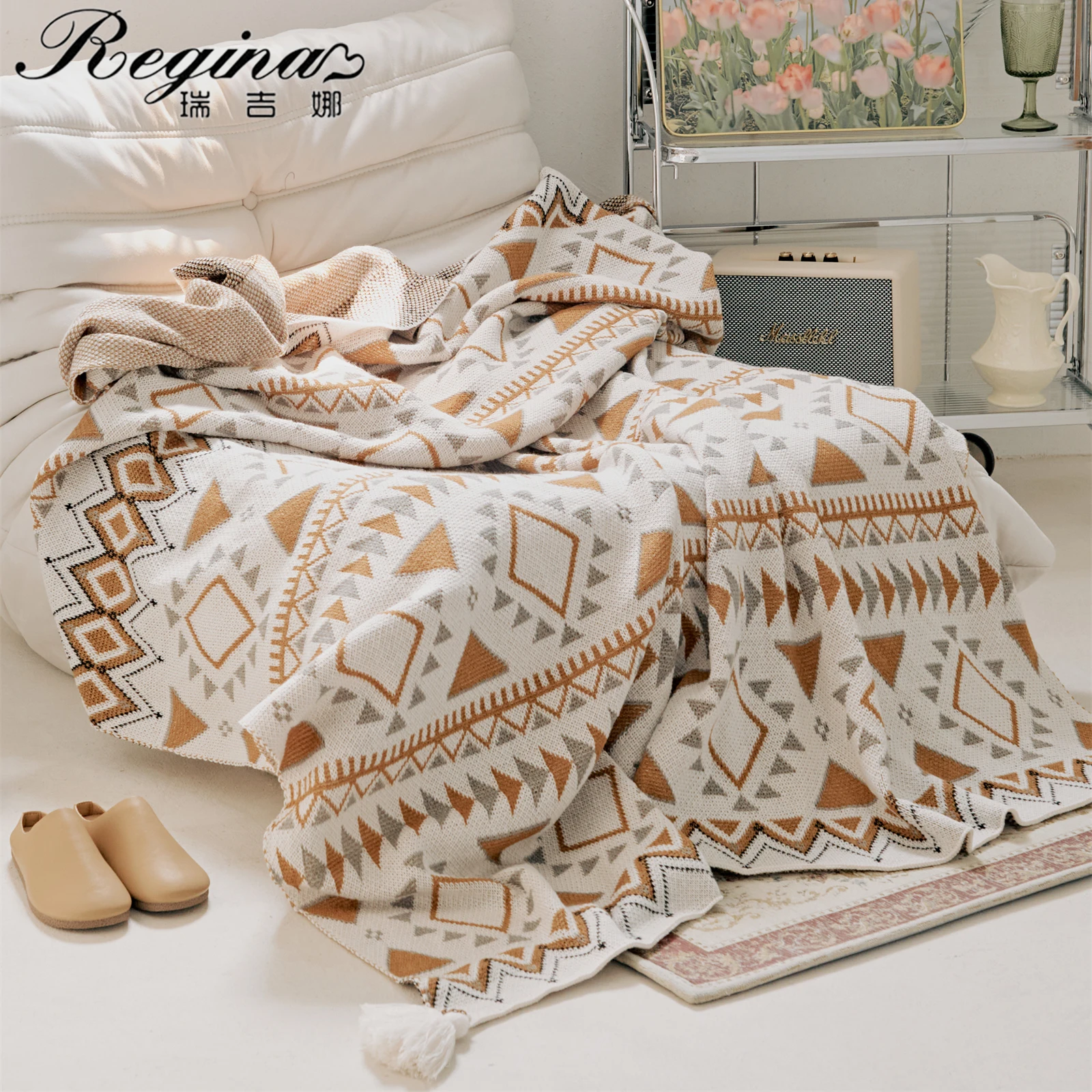 REGINA Brand Boho Geometric Pattern Blankets Summer Thin Breathable Bed Quilt Comforter Blanket Adult Children Knitted Blankets