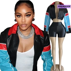 FAGADOER Color Block Leather Jackets Women Punk Moto Lapel Zip Long Sleeve Crop Jacket Fashion Hot Girl Y2K Streetwear Clothing