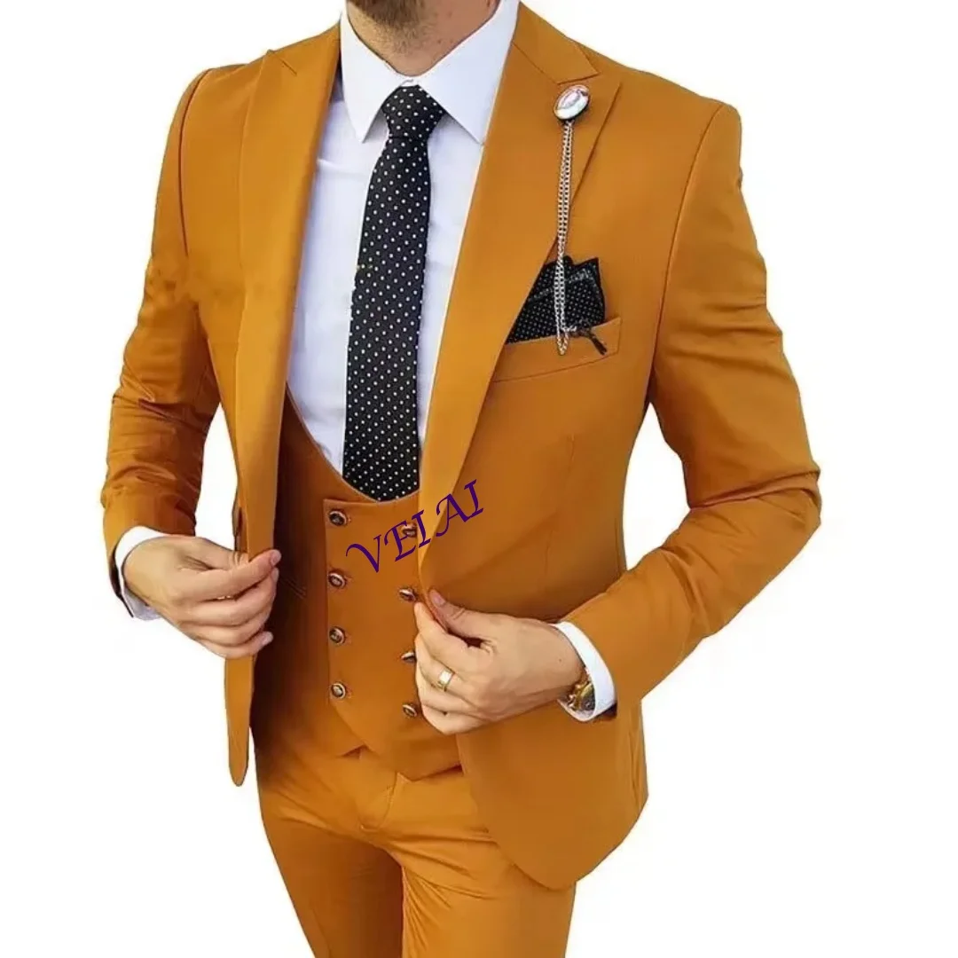 

CustomizedFormal Men Suits for Wedding Party Business Orange Peak Lapel Slim Fit 3PCS Groom Tuxedo(Blazer+Vest+Pants)Fashion Cos