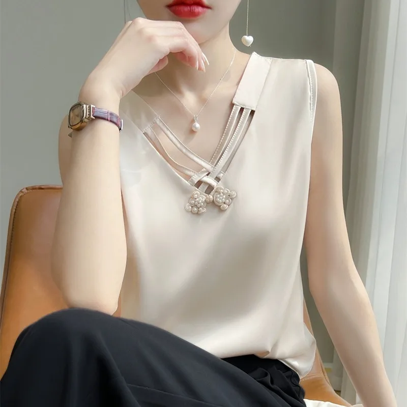 Silk Satin V-Neck Loose Women's Tank Top Slimming Versatile Thin Hanging Sensation Inner Wear Tank Top Summer 2023 New Arrival