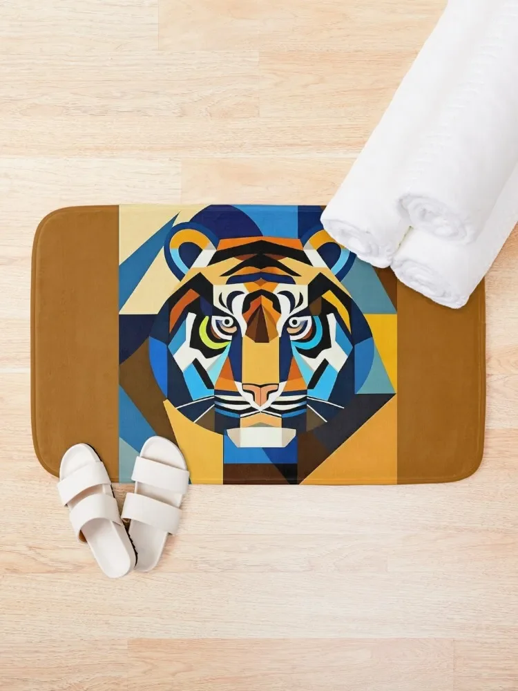 The tiger's face multi color is drawn from many geometric shapes.Colorful tiger head. Bath Mat Bathroom Floors Mat