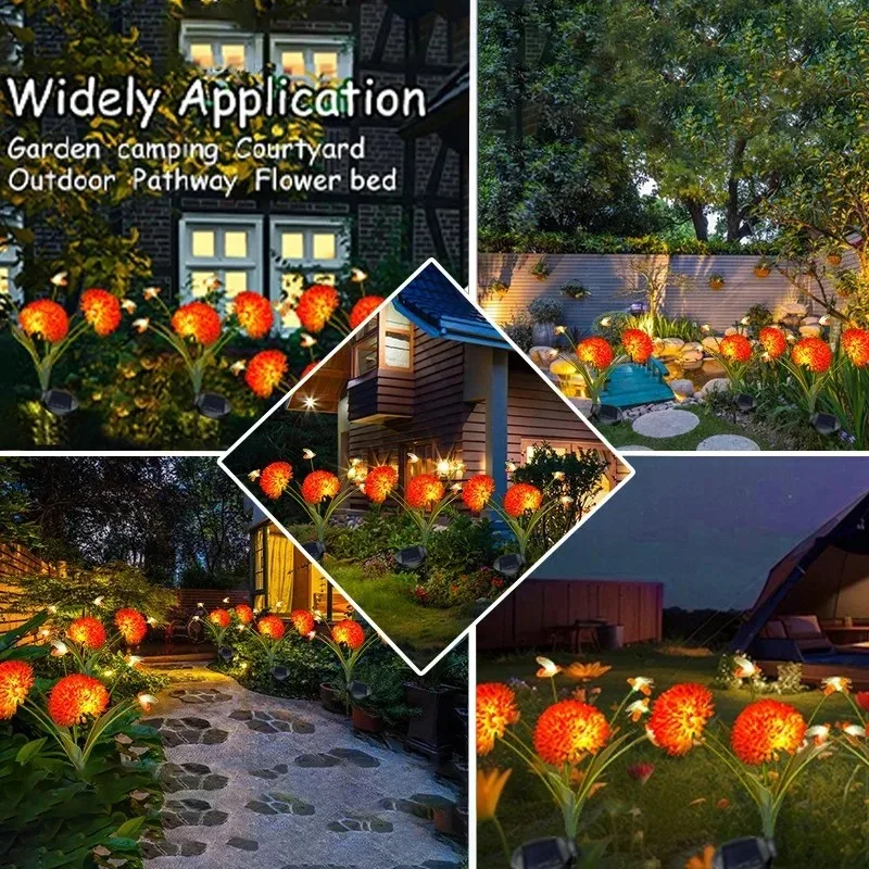 Waterproof Solar Flower Garden Lights with Bee Firefly Effect LED Stake Lamp Outdoor Yard Lawn Patio Landscape Decoration