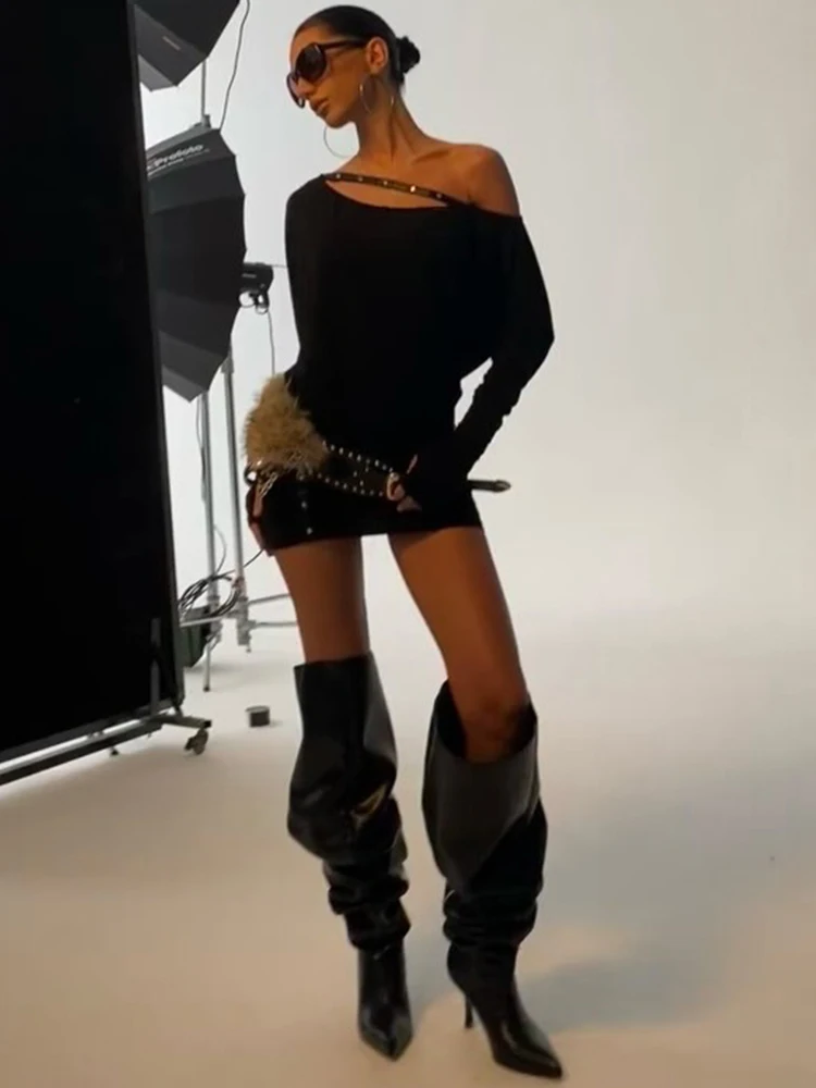 

Nibber с открытыми плечами, осеннее новое стильное платье, женское черное кожаное платье с косым воротником и длинными рукавами, тонкая одежда в уличном стиле на бедрах