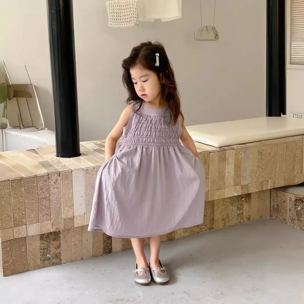 2024 Korean Girls Solid Color Sleeveless Dress 2024 Summer New Childrens Baby Sweet Cotton Skirt Kids Dress