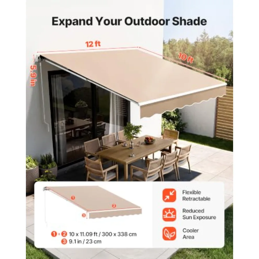 Retractable Awning 12 x 10 Feet Outdoor Patio Awning Sun Shade