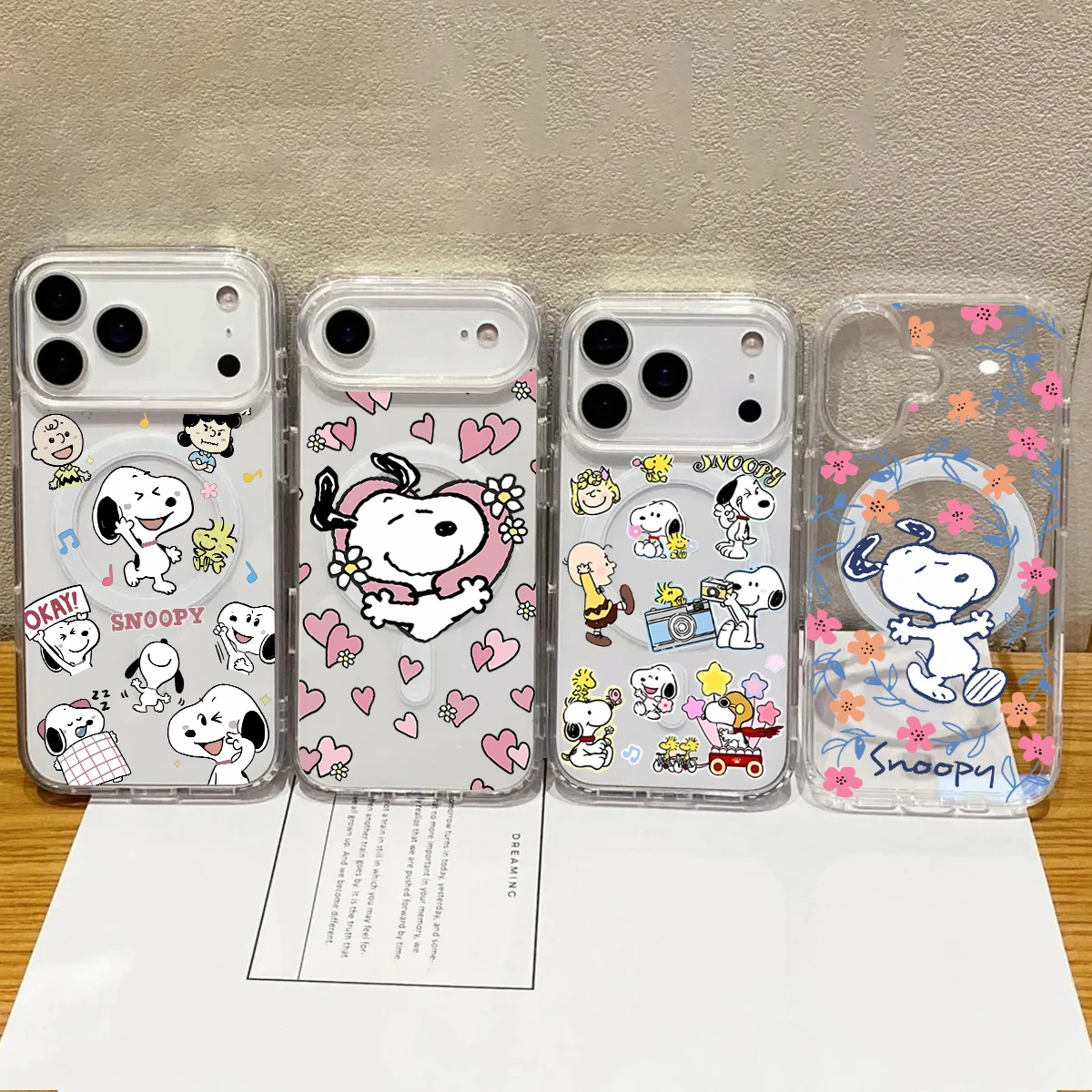 

Прозрачный акриловый чехол Magsafe Snoopy для iPhone 17 Air 16 15 14 Pro Max Plus 12 13 Mini 16E с магнитной беспроводной зарядкой