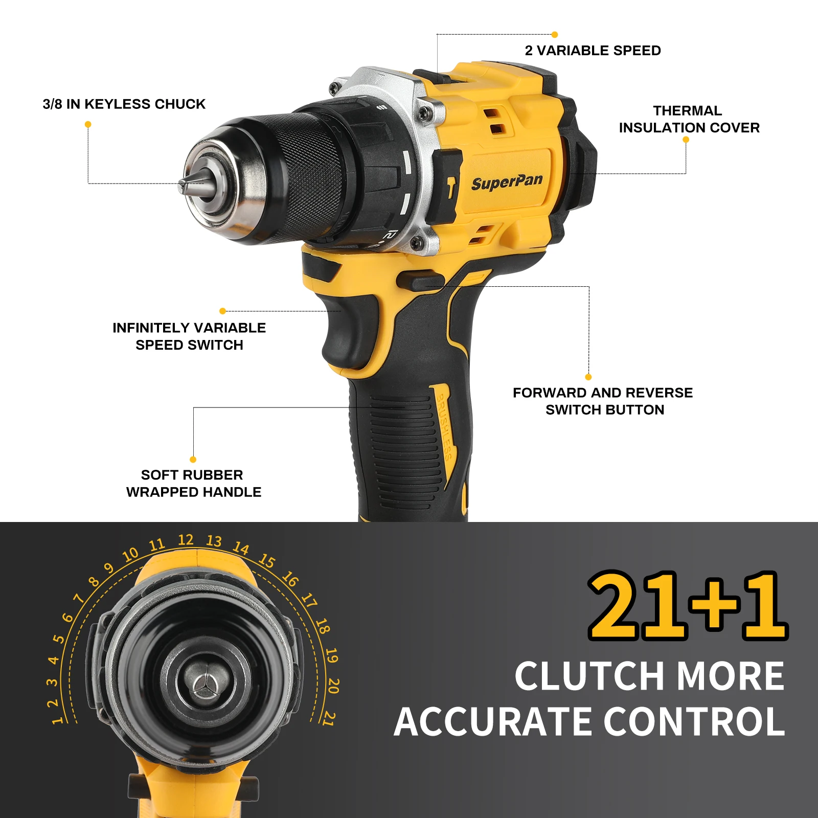 

Superpan805 20V Brushless Cordless Drill - 13mm Chuck, 55mm Wood Drilling & LED Work Light with Ergonomic Handle