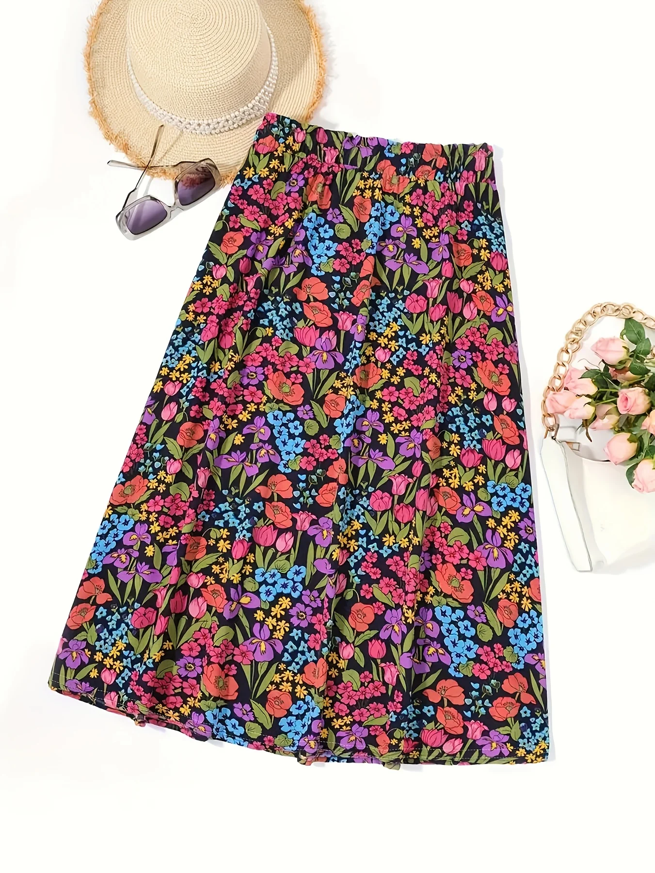 تنورة Luxy Trio Plus مقاس كبير أنيقة بطبعة زهور - متوسطة التمدد، ملابس لجميع المواسم