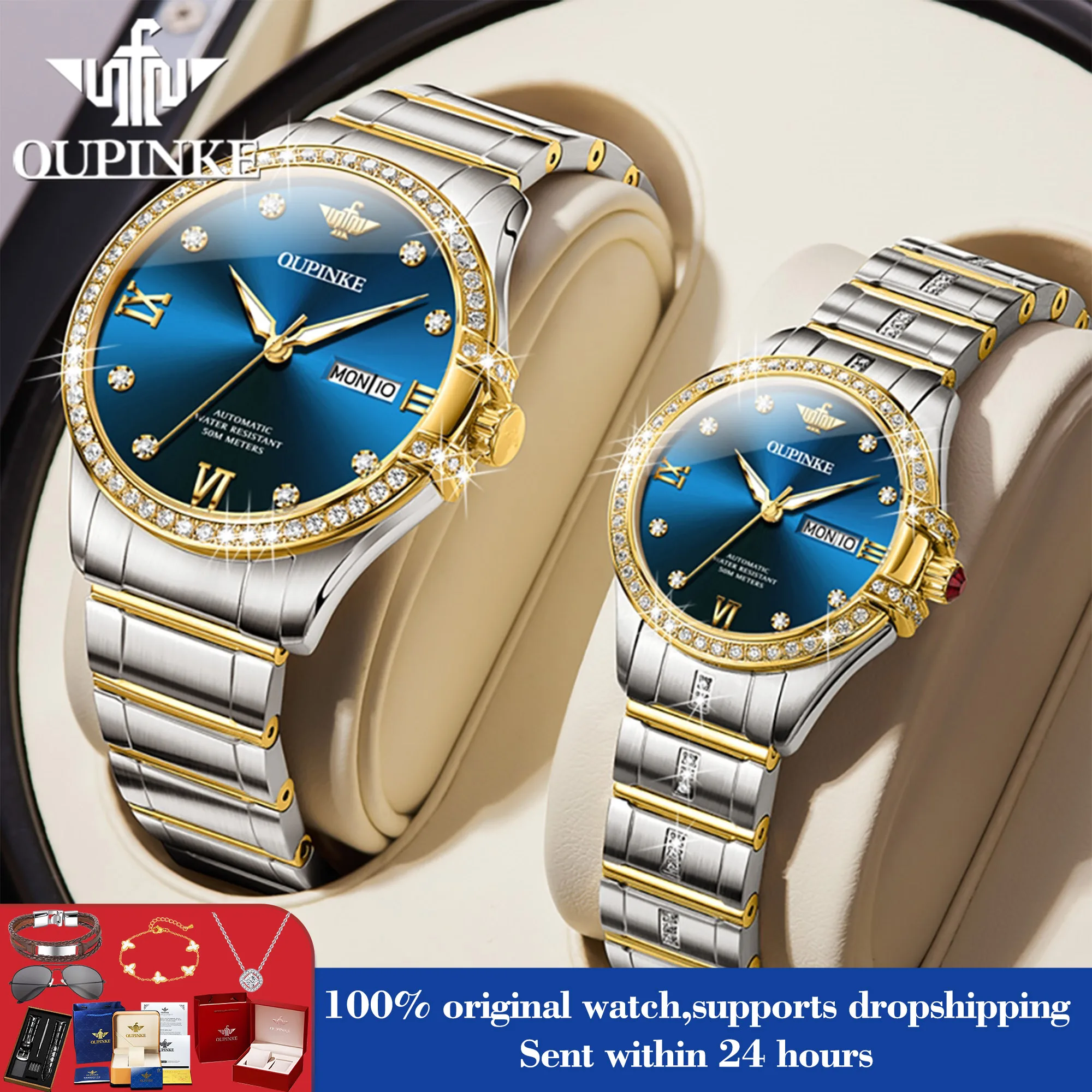 

Часы OUPINKE 3195 для мужчин и женщин, роскошные механические часы с бриллиантами для пар, лучший бренд, водонепроницаемые оригинальные ручные часы с двойным календарем
