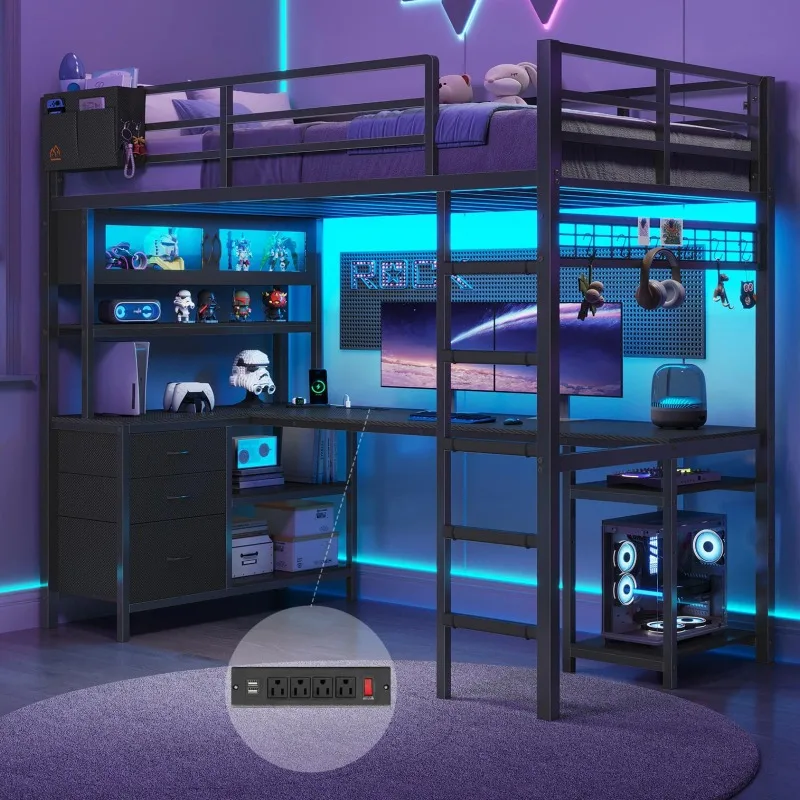Twin Loft Bed with L-Shaped Gaming Desk,Led Lights and Charging Station,Gaming Loft Bed Twin Size with Bookshelf and