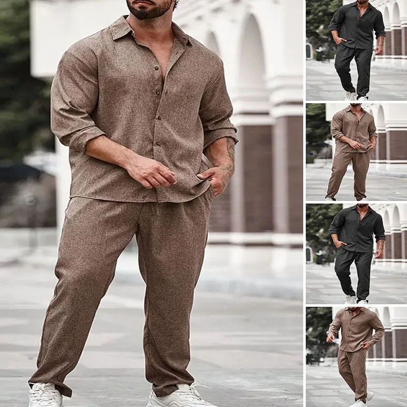 

Men Shirt 2 Piece Sets Top Straight Pants Suit Single Breasted Turn Down Collar Drawstring Outfits 2025 Autumn Casual Ensemble