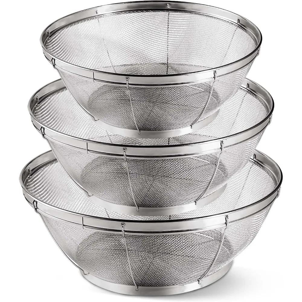 

3 упаковки дуршлаг из нержавеющей стали, сито для макарон с мелкой сеткой, корзины для кухни, еды, риса, йогурта, сливное ополаскивание, 11 дюймов, 10 дюймов
