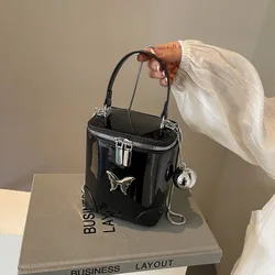 Black Patent Leather Box Bag Chic Butterfly Bucket Bag Fashion Versatile Single Shoulder Elegant Chain Handbag Lady Party Bag