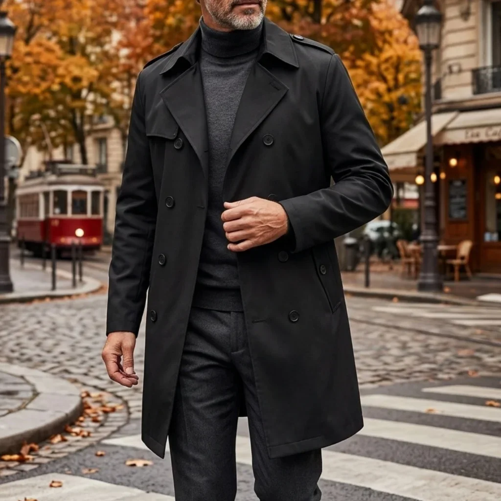 Herbstliche Herren-Windjacke: Dünne, zweireihige Jacke mit Epauletten – Mittellange Outdoor-Reise-Windjacke für Herren – Detail 7
