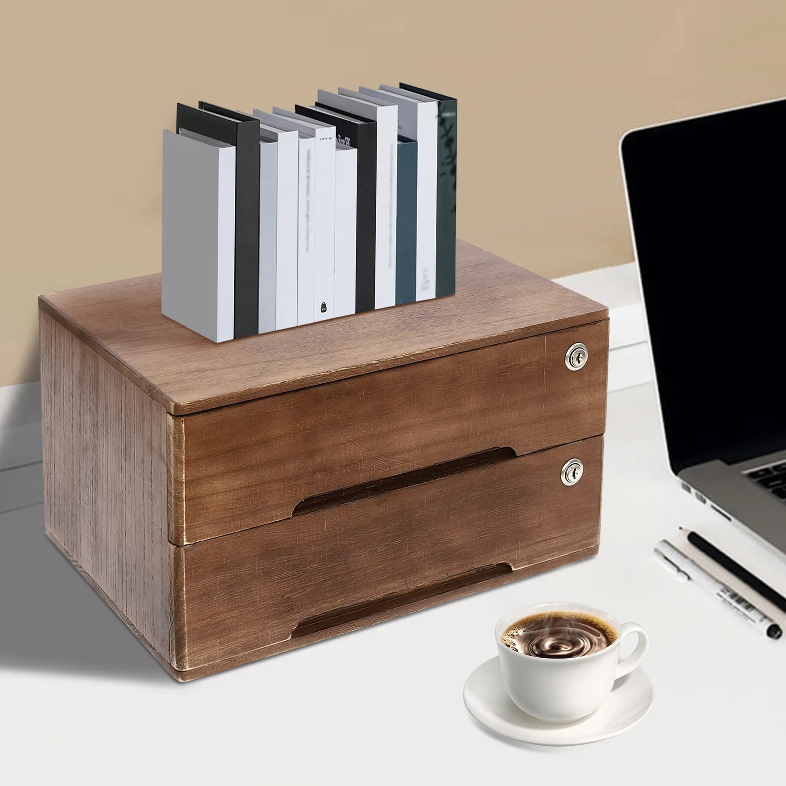 2-Tier Wooden Desktop Compact Jewelry Drawer Storage Box Table Cabinet Holder Organizer Chest Walnut 40*28cm