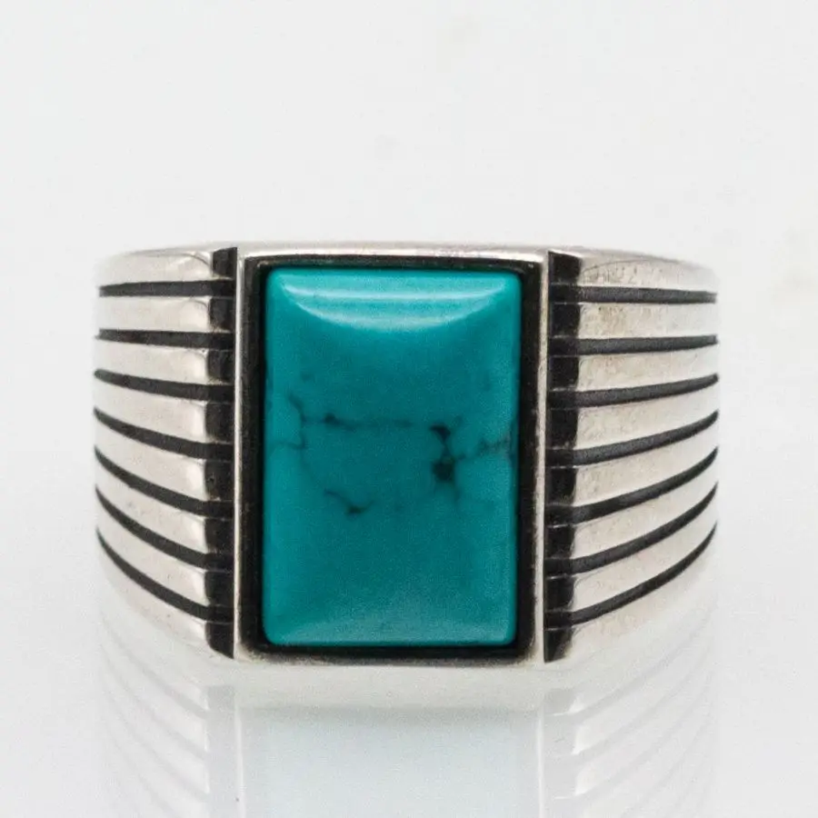 Wholesale Sliver Hand Ring 925 Sterling Silver Men Vintage Turquoise Stone Handmade Fashion Simple Rings Male