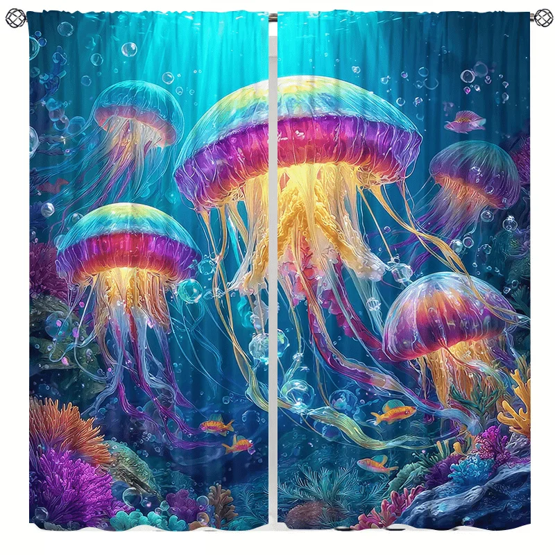 Underwater dream jellyfish curtains, pole-mounted installation. Suitable for living rooms, bedrooms, dining rooms, and hotels.