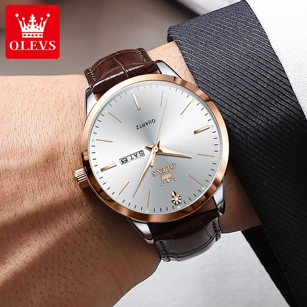 OLEVS 2935 Men Watch Luxury Brand Quartz Watch Business Leather Strap Double Calendar Waterproof Men\'s Watch Relogios Masculino