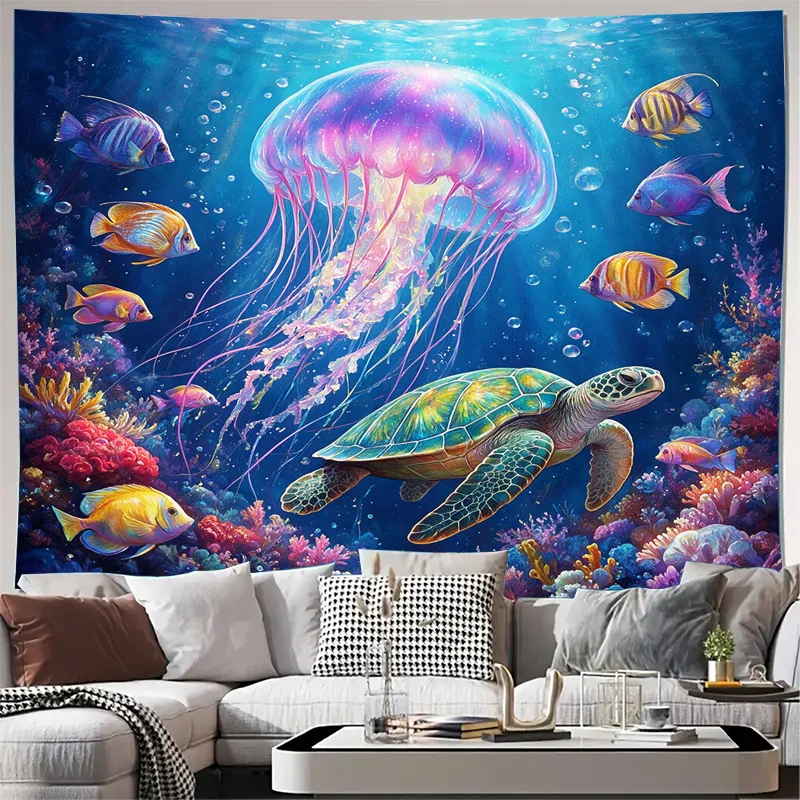 Ocean Jellyfish Fish Sea Turtle Curtain Decor Semi-Sheer Tropical Underwater Window Treatment for Kids Nursery Kids Bedroom Home