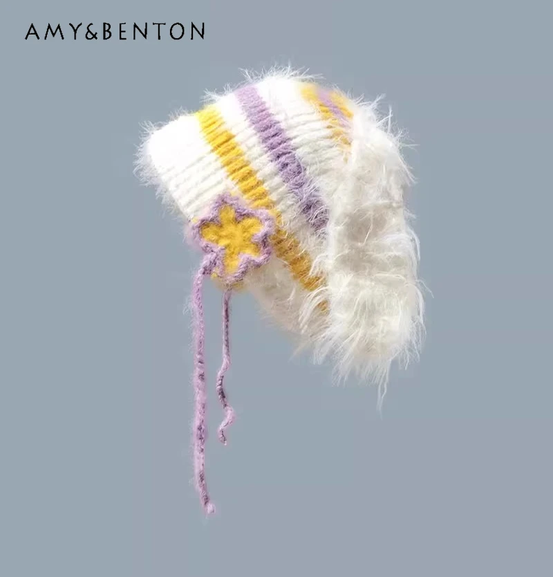 

2025 Autumn Winter New Women's Long Ear Striped Blue Purple Light Green Yellow Color Block Cute Tie Knitted Hat