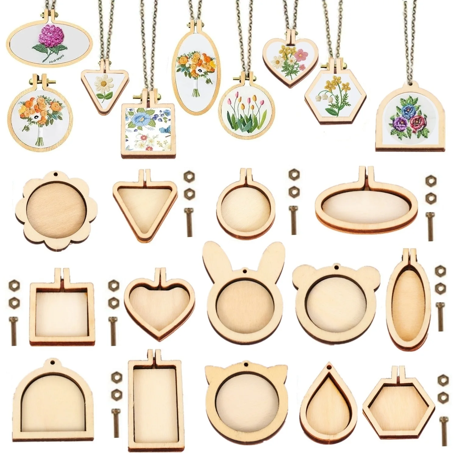 5pcs Mini Wood Embroidery Hoop Ring Round Pendant Laser Cut Embroidery Frame Tiny Stitching Jewelry Hoop for DIY Necklace Crafts