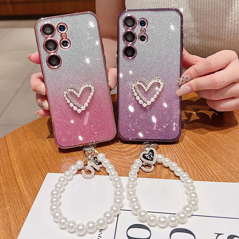 

High Quality Pearl Bracelet Lanyard Glitter Case For Samsung galaxy S24 S23 ultra M55 A25 A35 A05s Coque Cover Diamond Love Case