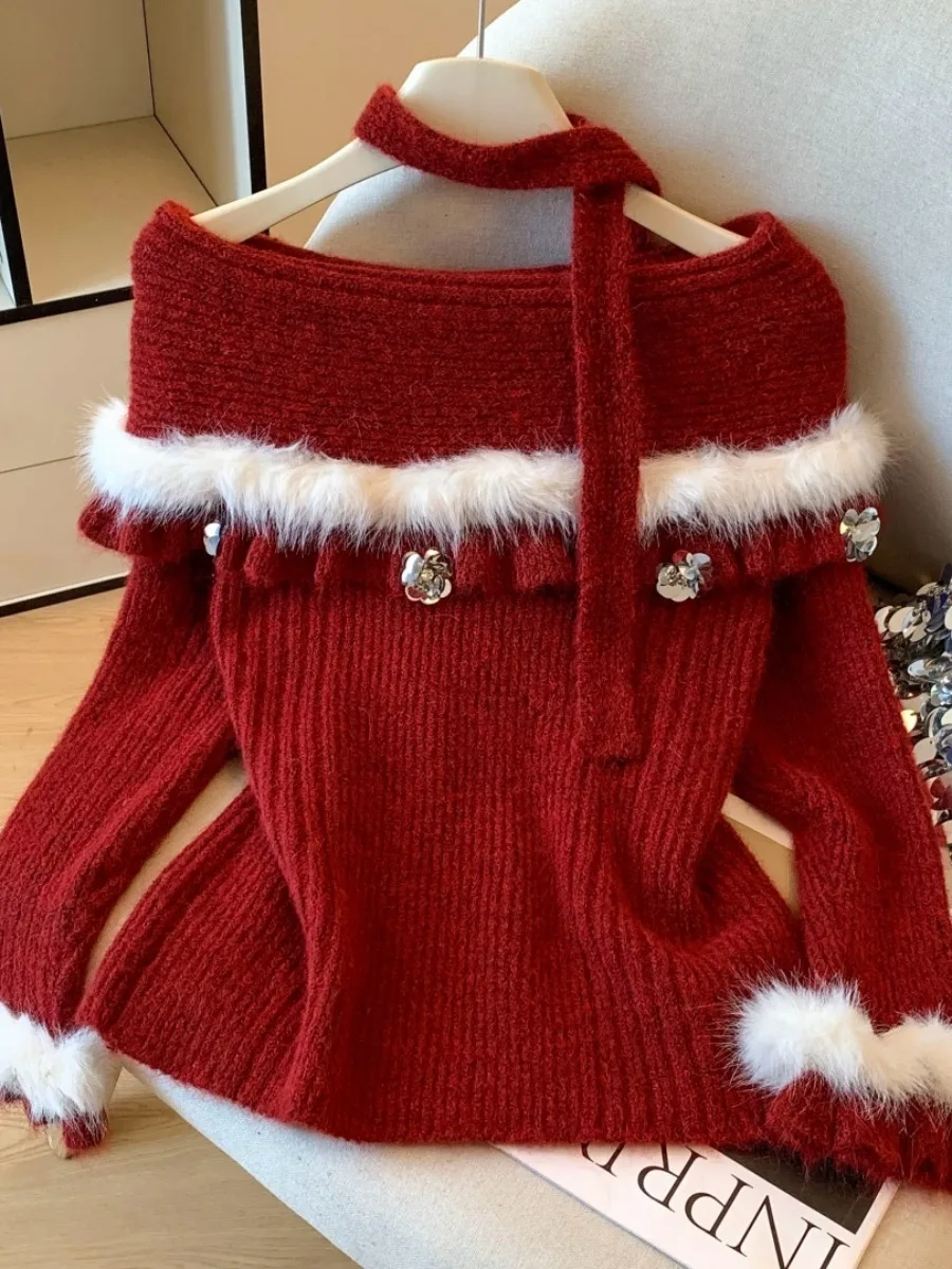 

Red Plaid Knitted Sweater One oulder Design Women's Autumn Winter Faion Korean Sle Long Sve Commute Friendly