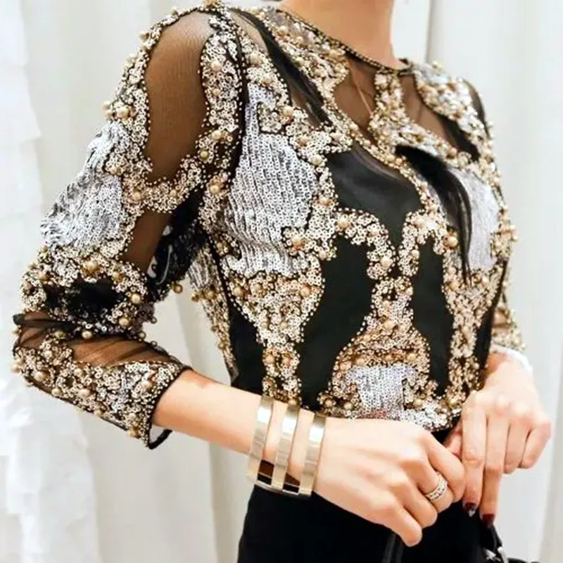 

Luxury Runway Designer Women's Sheer Blouse Handmade Beading Female Sexy Blousas Shirt Party Elegant Spring Summer Tops NS537
