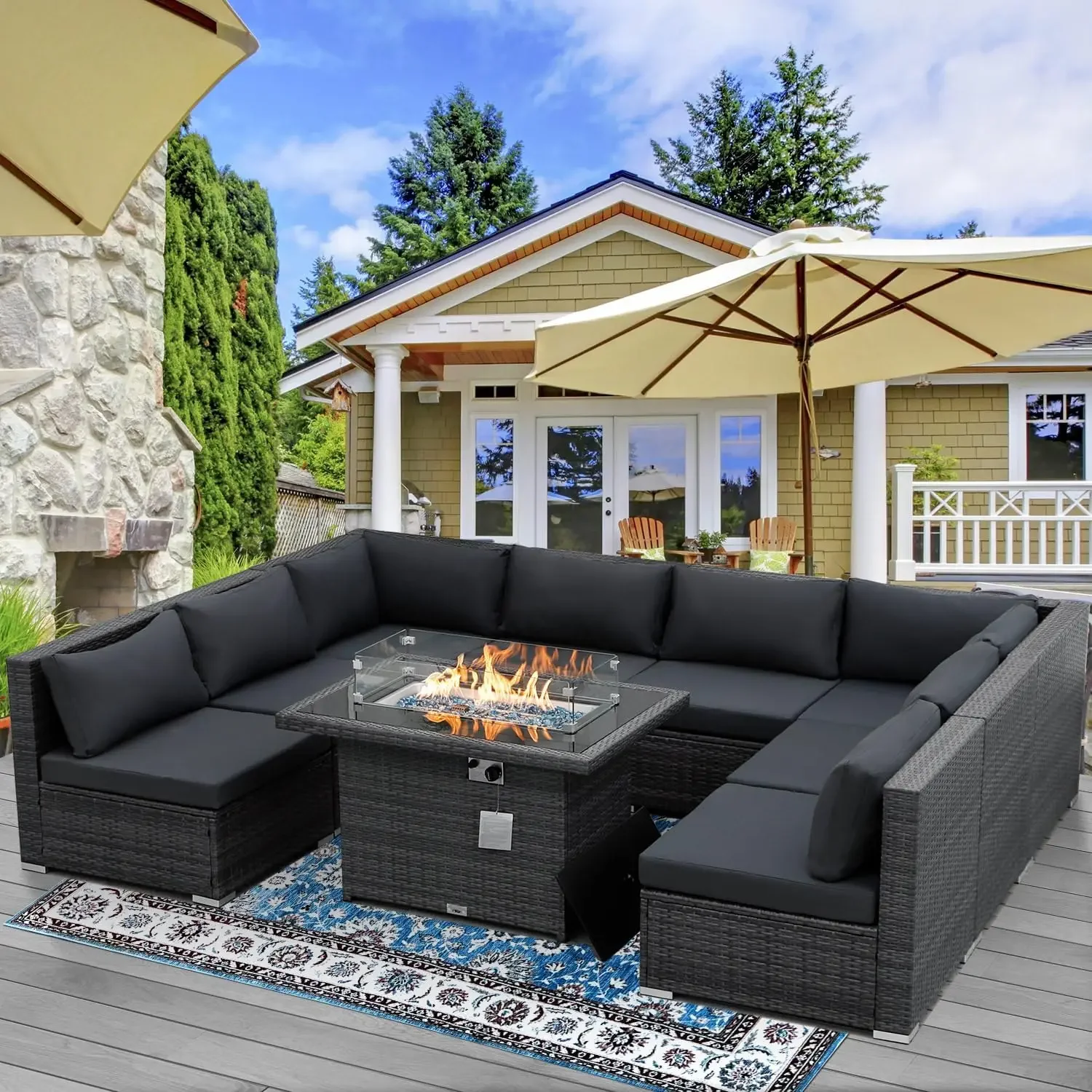 Fire Table Outdoor Furniture Set with Fire Pit Patio Conversation  PE Wicker Sectional Sofa Set with Fireplaces for Garden