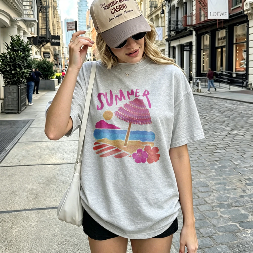 Women Summer Beach Graphic T Shirt Pink Parasol Sea View Print Short Sleeve Tee Casual Loose Fit Cotton Top Holiday Vacation
