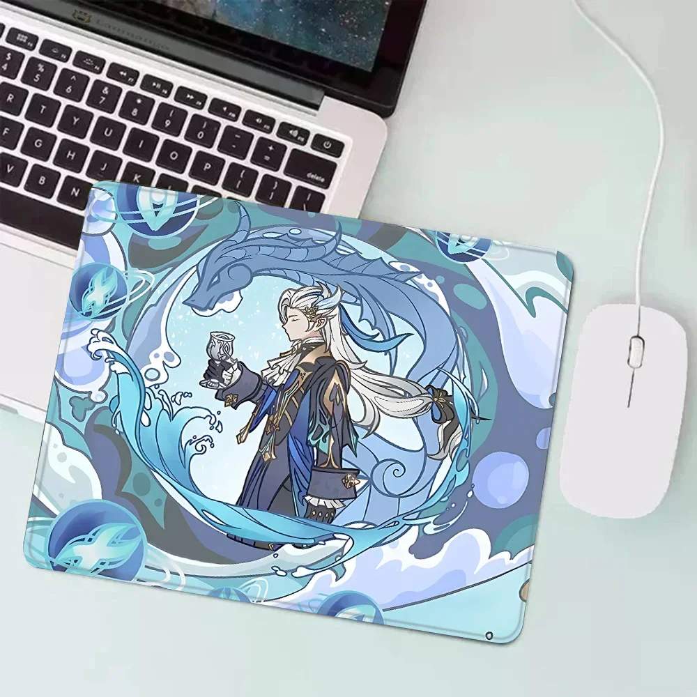 Game Genshin Impact Furina Neuvillette Small Mouse Pad Anti-Slip Rubber Bottom with Stitched Edge Keyboard Mat for Office