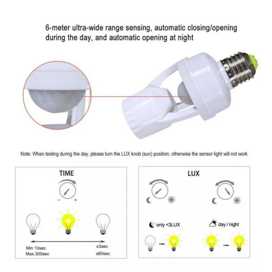 VnnZzo 360 Degrees PIR Human Induction Motion Sensor LED Night Lamp Socket Base E27 AC 85V-265V Delay Time Adjustable Switch