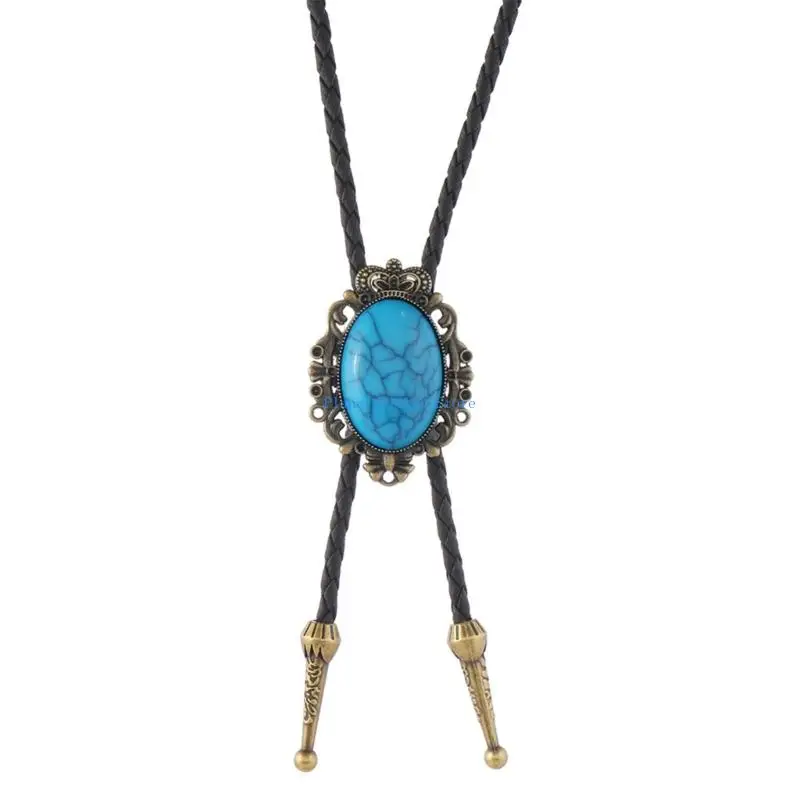 652B Western Bolo Tie with Crack Turquoises Gemstones and Adjustable Leather Cord